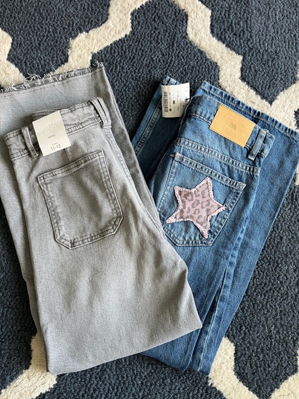 2 pairs of Zara Girls Straight Leg Jeans in Gray and Blue with Pink Star Patch